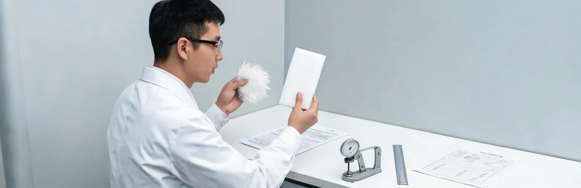 Textile technologist checking insulation specimen documentation